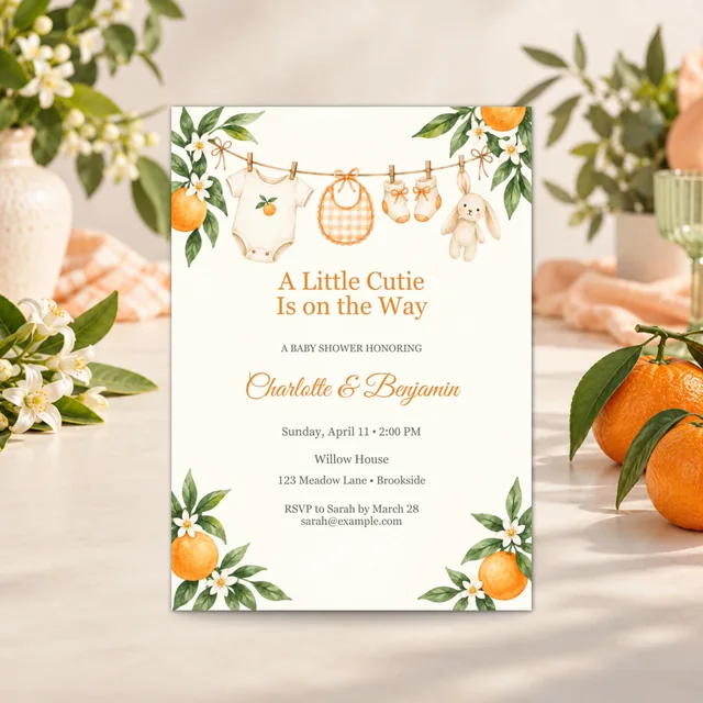 Little Cutie Baby Shower Invitation, Editable Modern Citrus Canva Template — actual QDP listing image