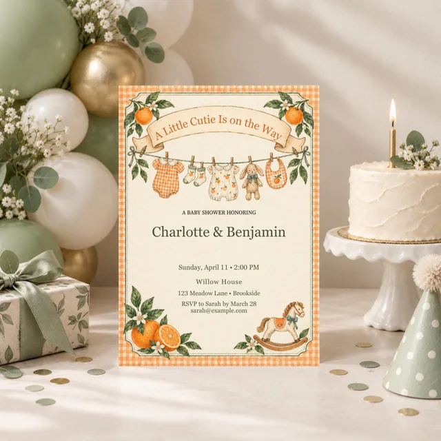 Little Cutie Baby Shower Invitation, Editable Vintage Citrus Canva Template — actual QDP listing image