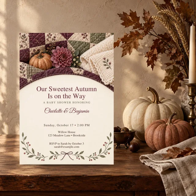 Little Pumpkin Baby Shower Invitation, Editable Autumn Quilt Canva Template — actual QDP listing image