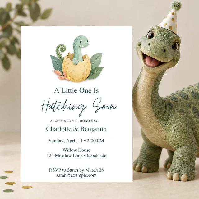 Dinosaur Baby Shower Invitation, Editable Hatching Soon Canva Template — actual QDP listing image
