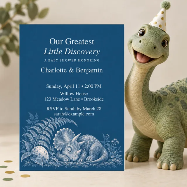 Dinosaur Baby Shower Invitation, Editable Blue Hatching Soon Canva Template — actual QDP listing image