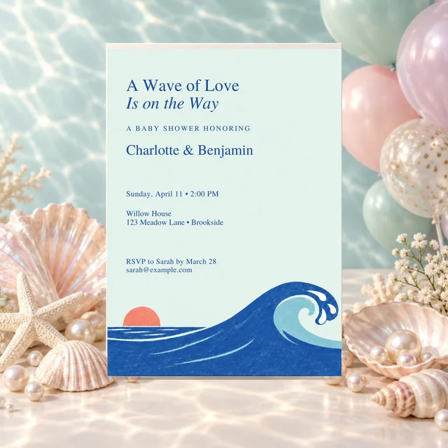 A Wave of Love Whale Baby Shower Invitation, Coastal Theme, Editable Canva Template, 5x7 — actual QDP listing image