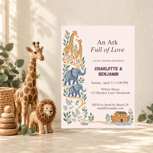 Noah’s Ark Baby Shower Invitation, Editable Folk Two by Two Canva Template — actual QDP listing image