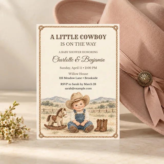 Western Baby Shower Invitation, Editable Vintage Cowboy Rope Canva Template — actual QDP listing image