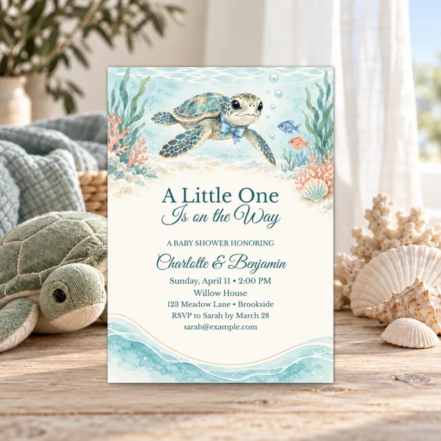 Sea Turtle Baby Shower Invitation, Editable Modern Under the Sea Canva Template — actual QDP listing image