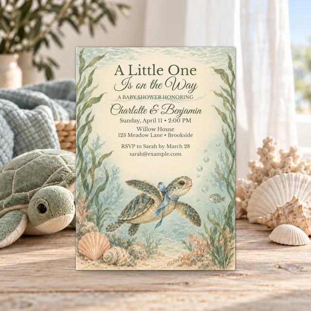 Sea Turtle Baby Shower Invitation, Editable Vintage Under the Sea Canva Template — actual QDP listing image