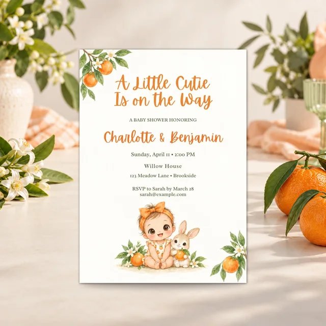 Little Cutie Baby Shower Invitation, Editable Chibi Citrus Canva Template — actual QDP listing image