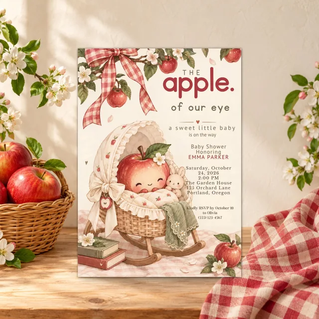 Apple Baby Shower Invitation, Editable Bassinet Canva Template — actual QDP listing image