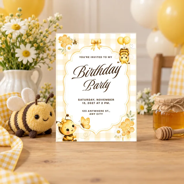 Honeybee Birthday Invitation, Editable Gingham Bee Canva Template — actual QDP listing image