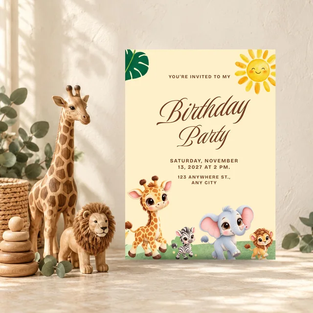 Chibi Safari Sunshine Birthday | Editable Canva 5x7 Invitation — actual QDP listing image