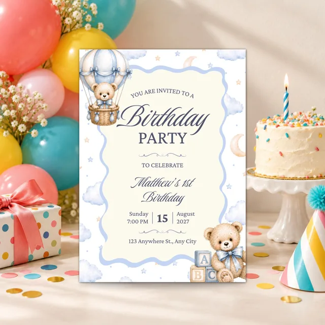 Teddy Bear 1st Birthday Invitation, Editable Blue Balloon Canva Template — actual QDP listing image
