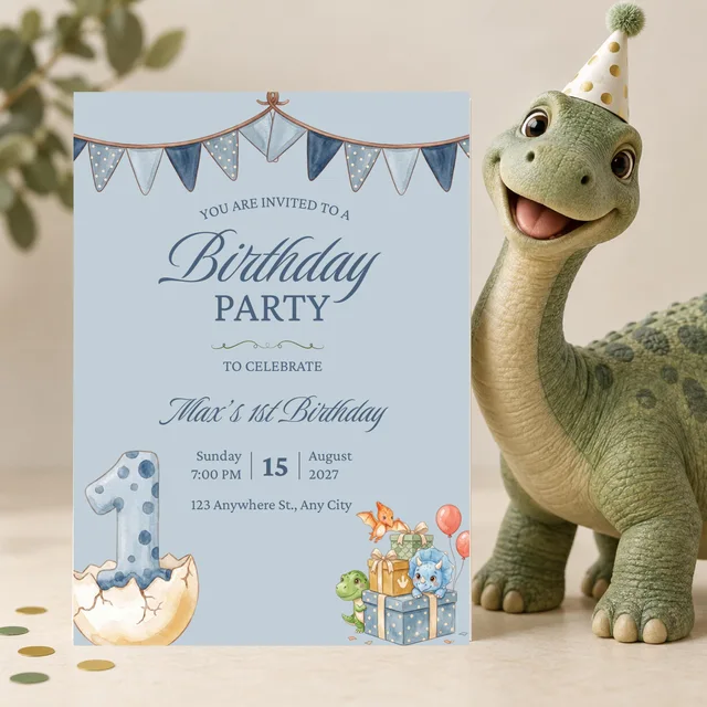 Dinosaur 1st Birthday Invitation, Editable Blue Dino Egg Canva Template — actual QDP listing image