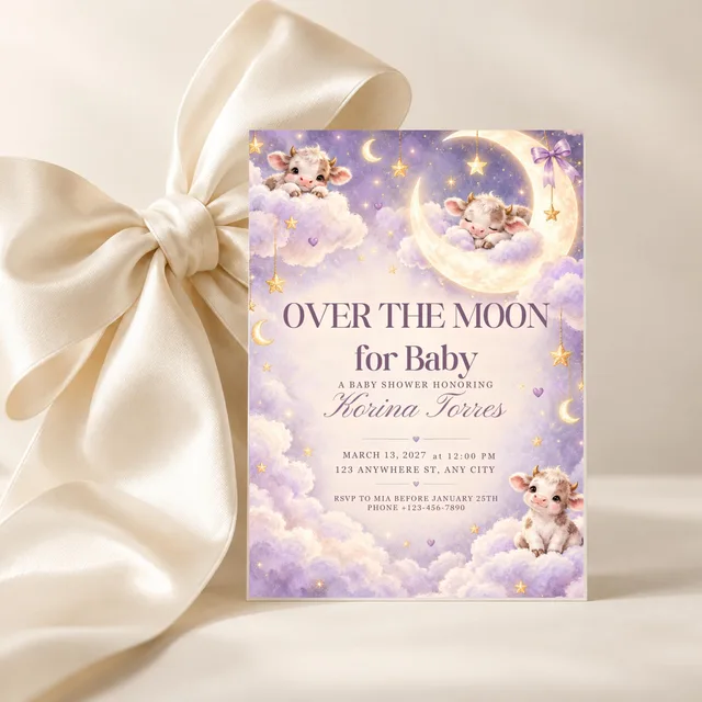 Purple Celestial Calf Over the Moon Baby Shower | Editable Canva 5x7 Invitation — actual QDP listing image