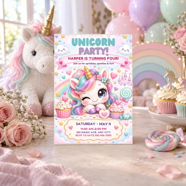 Unicorn 4th Birthday Invitation, Editable Pastel Candy Canva Template — actual QDP listing image