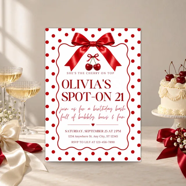 Spot-On 21st Birthday Invitation | Red Cherry Coquette Canva Template — actual QDP listing image
