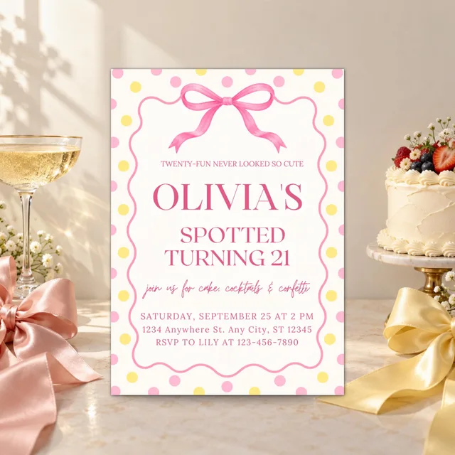 Spotted Turning 21 Birthday Invitation | Pink Butter Yellow Polka Dot Canva Template — actual QDP listing image