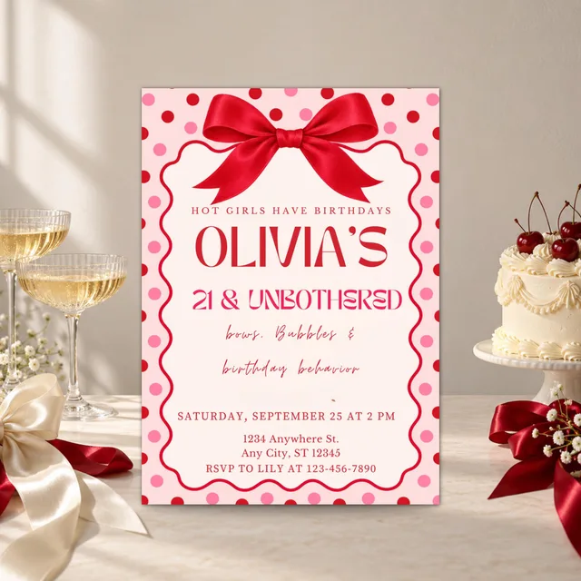 21 & Unbothered Birthday Invitation | Pink Red Coquette Canva Template — actual QDP listing image