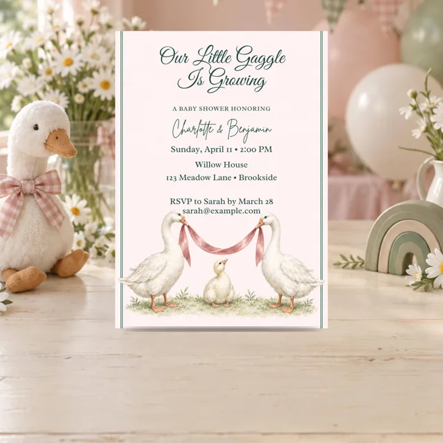 QDP Silly Goose baby shower invitation with two geese holding a pink ribbon, daisies, and a plush goose.