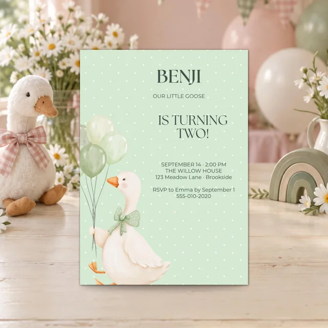Mint Balloon Goose — QDP children’s birthday invitation