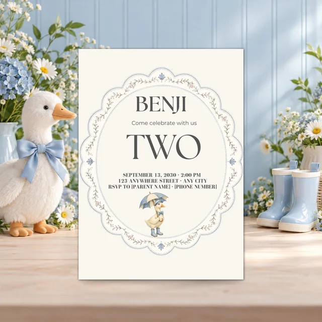 Blue Rainboot Goose — QDP children’s birthday invitation