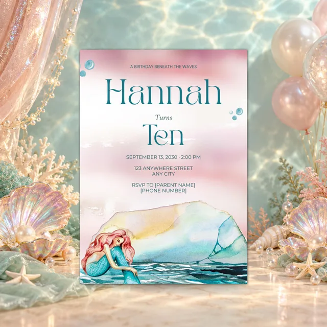 QDP mermaid birthday invitation styled with pearly shells, pastel pink balloons, and an aqua sea-inspired background.