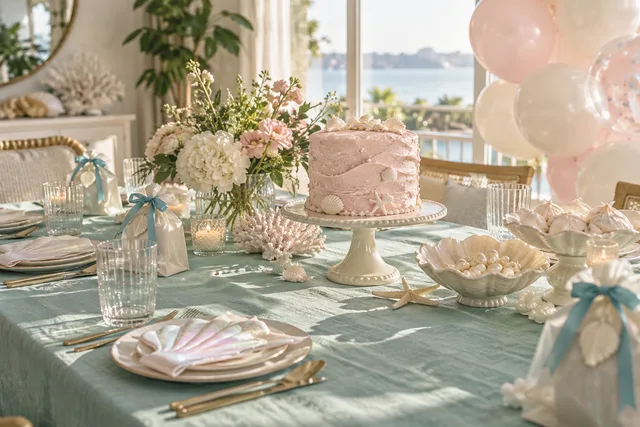 Styling concept of a sea-glass and shell-pink birthday table with pearly shell dishes and a small cake.