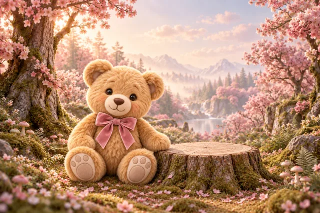 QDP Pink Woodland artwork: a soft pink woodland clearing with storybook details.
