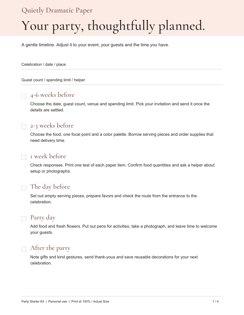 Preview of the QDP Party Starter Kit timeline worksheet
