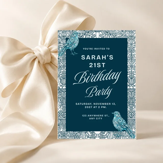 Teal Songbird — QDP grown-up birthday invitation